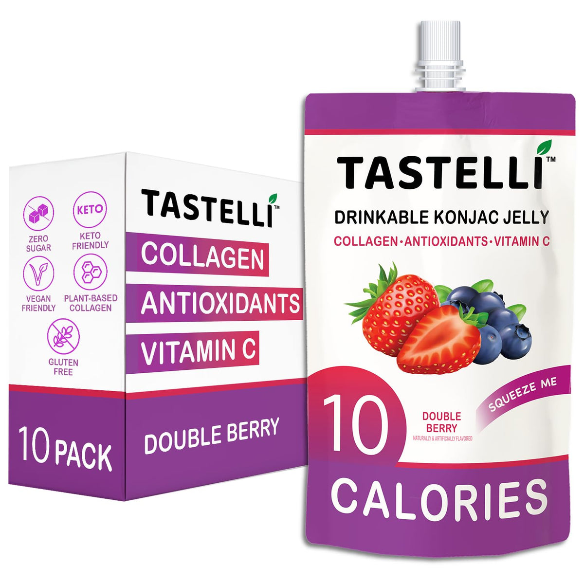 Tastelli Konjac Jelly Double Berry bottle pour highlights a low-calorie treat.