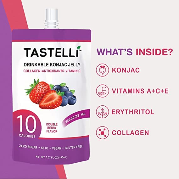 Tastelli Konjac Jelly Double Berry pouch closeup shows convenient on-the-go packaging.
