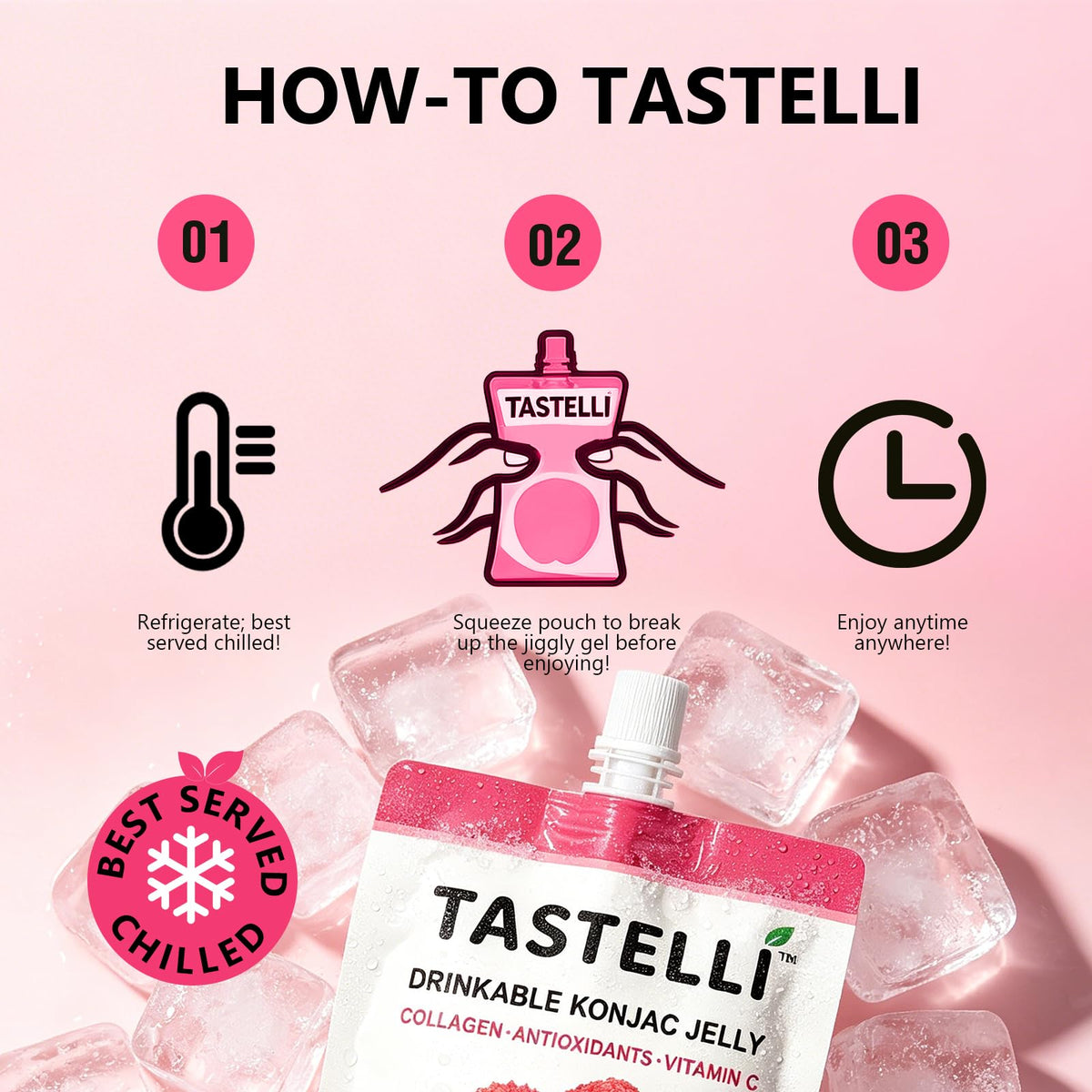 Tastelli Konjac Jelly ingredients panel with plant fiber and fruit flavor.