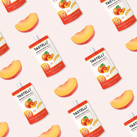Tastelli Peach label close-up confirms gluten-free and vegan options