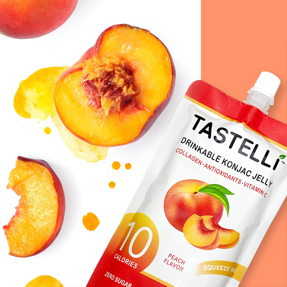 Tastelli Peach Konjac Jelly pouch open for quick sip-friendly refreshment