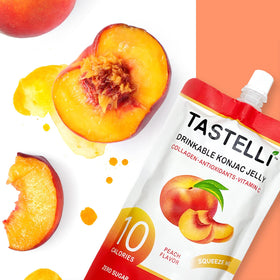 Tastelli Peach Konjac Jelly pouch open for quick sip-friendly refreshment