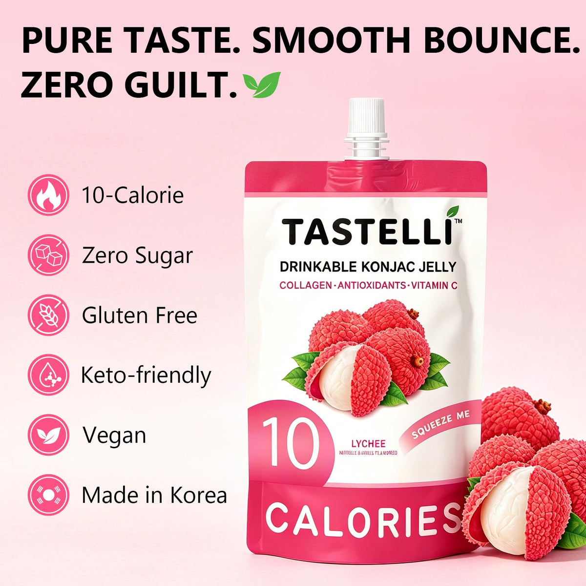 Tastelli Konjac Jelly squeeze-pouch on-the-go, highlighting convenient portion size.