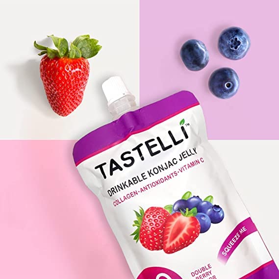 Tastelli Konjac Jelly Zero Sugar graphic shows zero sugar with real fruit flavor.