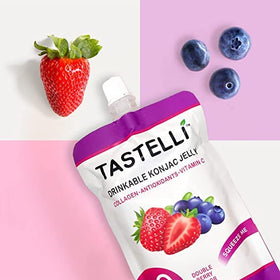 Tastelli Konjac Jelly Zero Sugar graphic shows zero sugar with real fruit flavor.