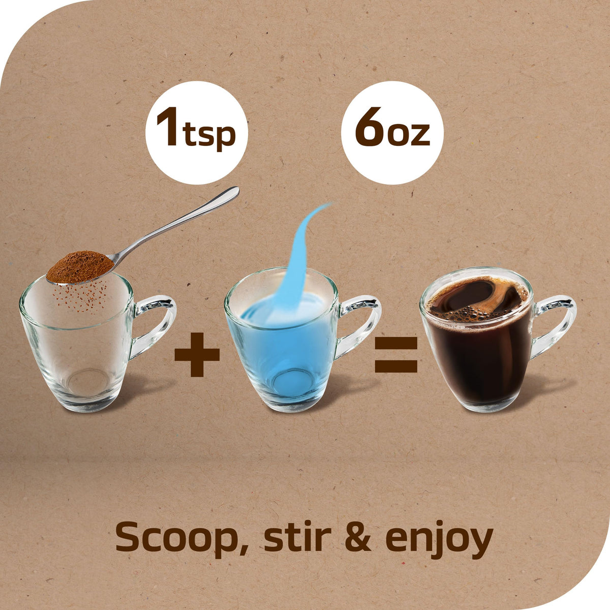 Hot water pours over Taster's Choice instant coffee crystals to dissolve quickly.