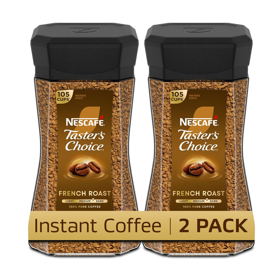 Taster's Choice French Roast two jars pack on kitchen counter for bold mornings.