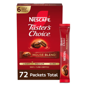 Taster's Choice House Blend packets seen from the box top for quick brews.