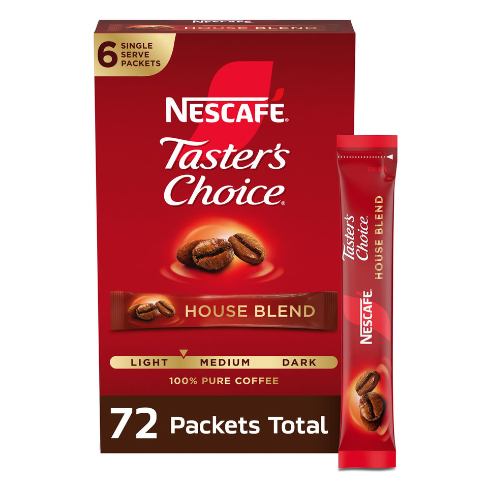 Taster's Choice House Blend packets seen from the box top for quick brews.