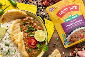 TASTY BITE 3Bean Madras Lentils tray, protein-rich ready meal.