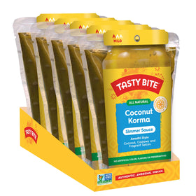 Tasty Bite Awadhi Coconut Korma sauce bottle showing creamy curry for quick vegan meals