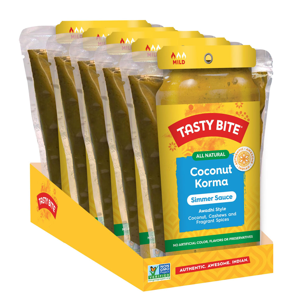 Tasty Bite Awadhi Coconut Korma sauce bottle showing creamy curry for quick vegan meals