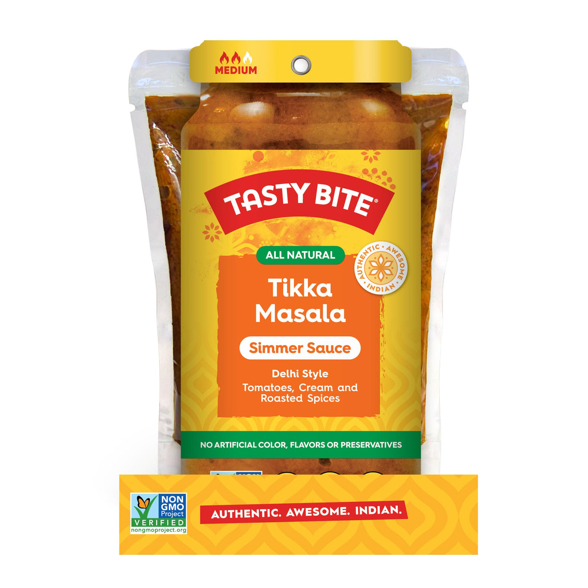 Tasty Bite serving image shows sauce over rice with protein for fast dinners.