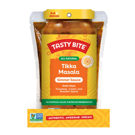 Tasty Bite serving image shows sauce over rice with protein for fast dinners.