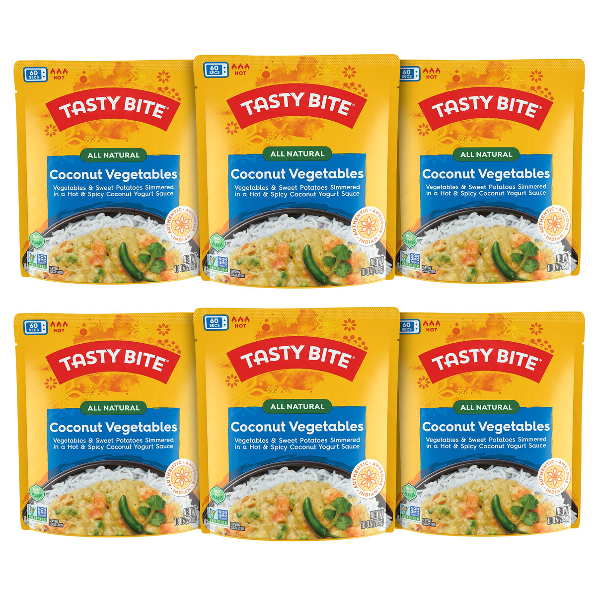 Tasty Bite hot spicy coconut vegetables pack with vibrant veggies in coconut sauce.