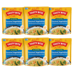 Tasty Bite hot spicy coconut vegetables pack with vibrant veggies in coconut sauce.