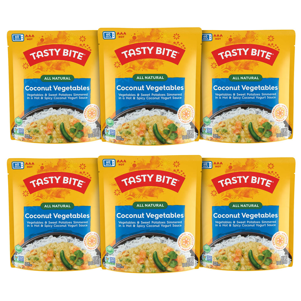 Tasty Bite hot spicy coconut vegetables pack with vibrant veggies in coconut sauce.
