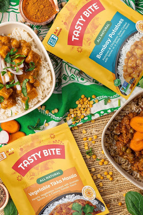 Tasty Bite Bombay Potatoes ready-to-eat Indian meal pairing with rice