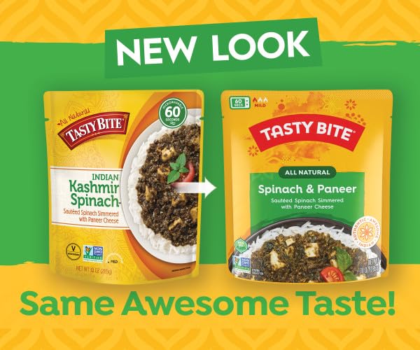 Tasty Bite Kashmir Spinach packaging emphasizes convenient six-pack meals