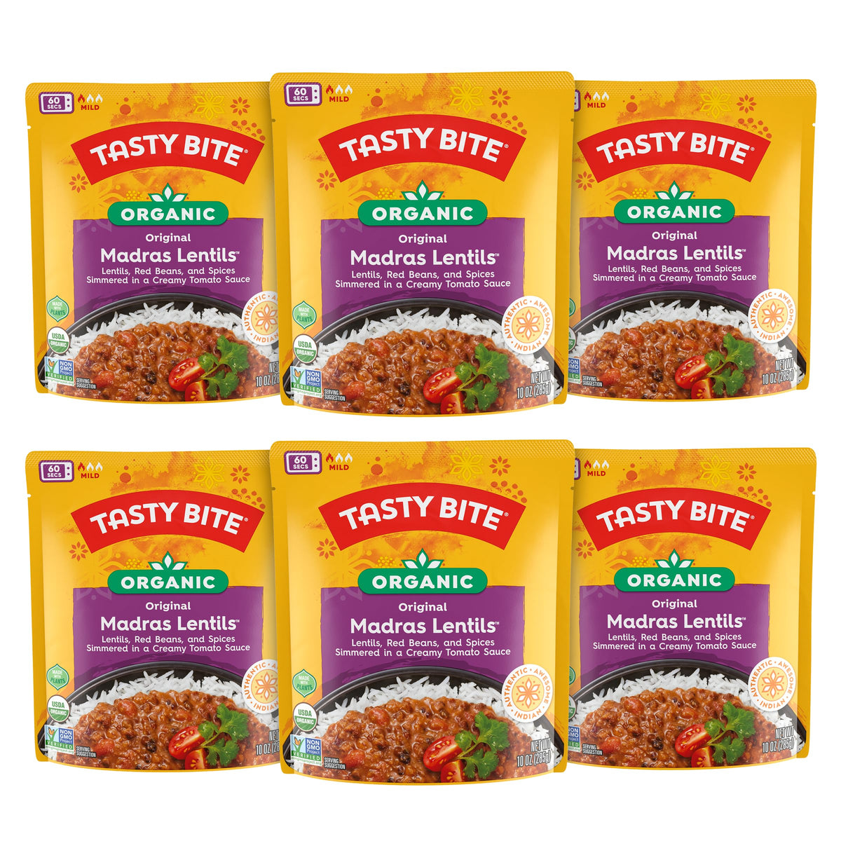 TASTY BITE Madras Lentils six-pack on shelf for convenient meals