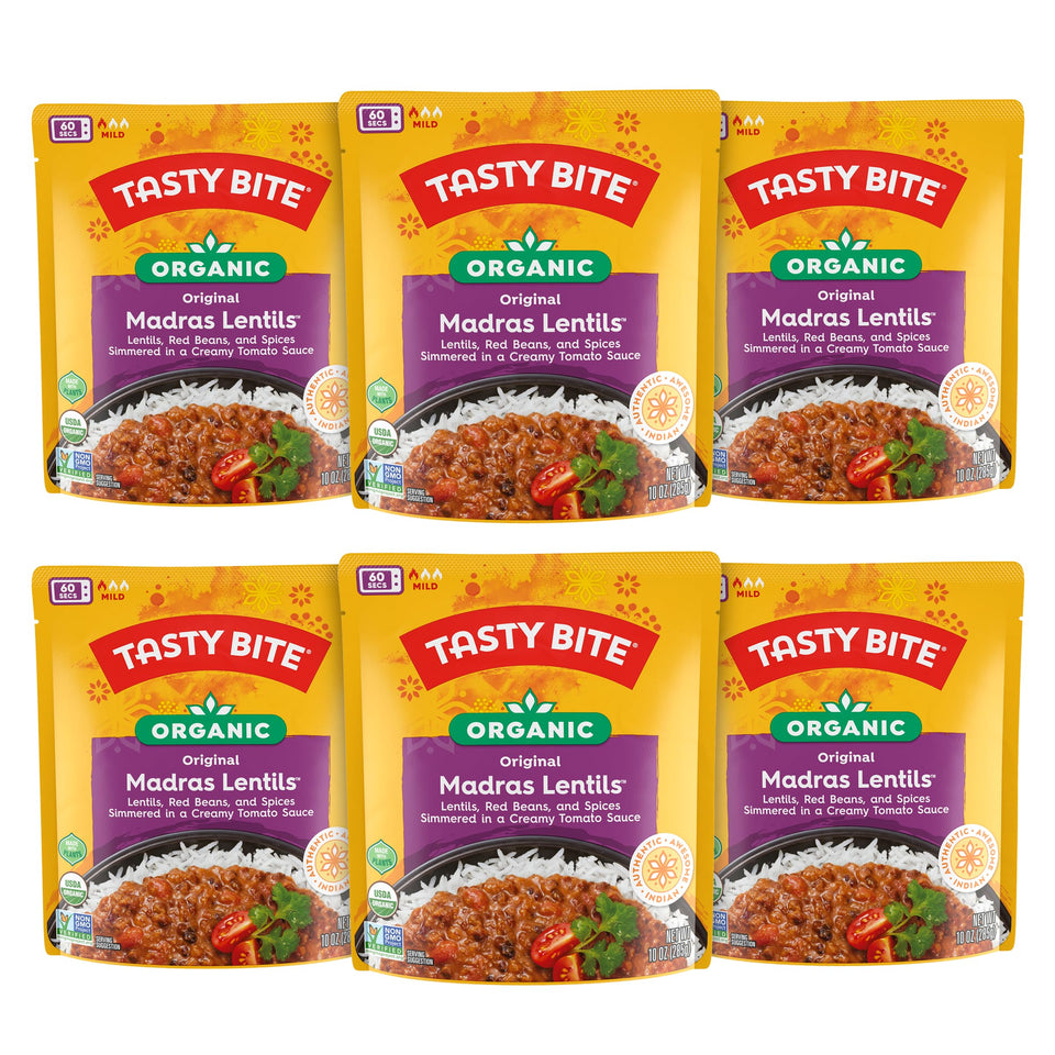 TASTY BITE Madras Lentils six-pack on shelf for convenient meals