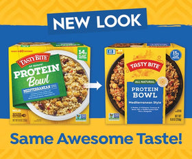Tasty Bite Mediterranean Protein Bowl with couscous and veggies, ideal for quick meals.