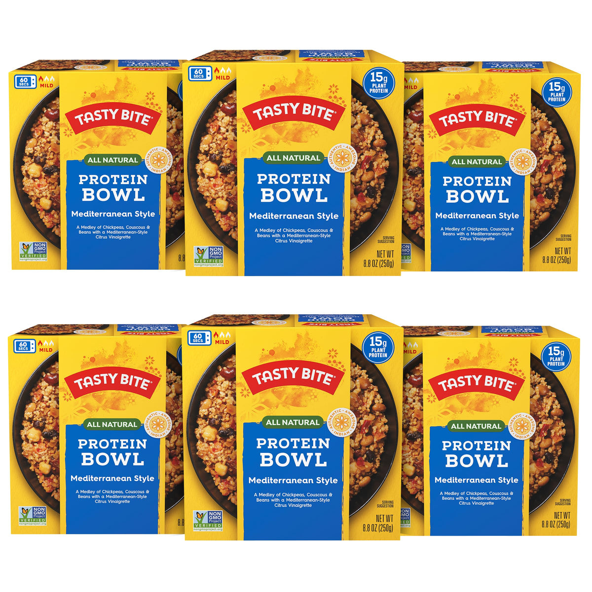 Tasty Bite Mediterranean Protein Bowl hero image showing a ready-to-eat vegan lunch.