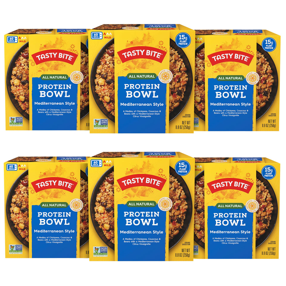 Tasty Bite Mediterranean Protein Bowl hero image showing a ready-to-eat vegan lunch.