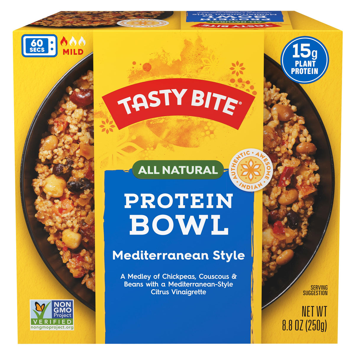 Tasty Bite Mediterranean Protein Bowl microwaveable image highlighting easy heat-and-eat convenience.