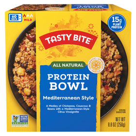 Tasty Bite Mediterranean Protein Bowl microwaveable image highlighting easy heat-and-eat convenience.