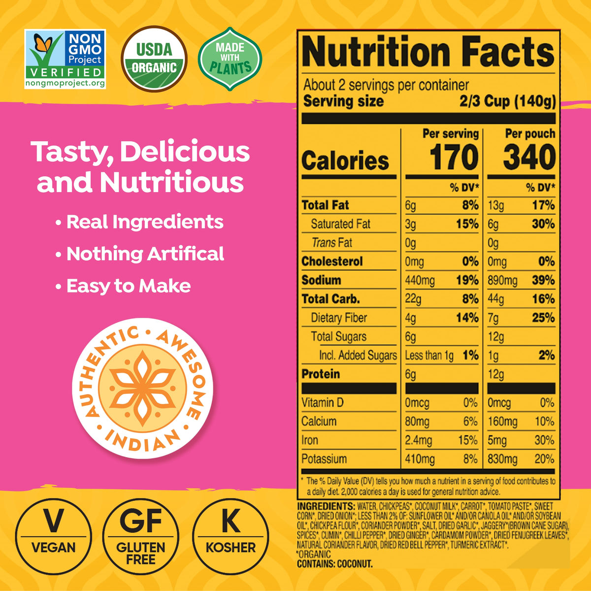 TASTY BITE microwavable chickpea tikka masala entrée, vibrant sauce and tender chickpeas.