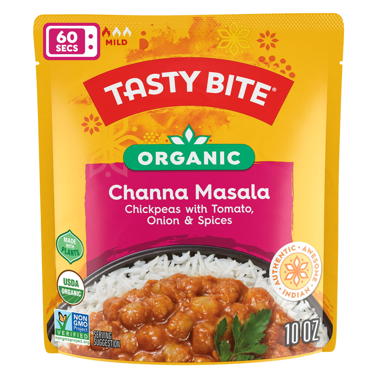 TASTY BITE Microwave-ready Channa Masala offers a fast vegan meal option.