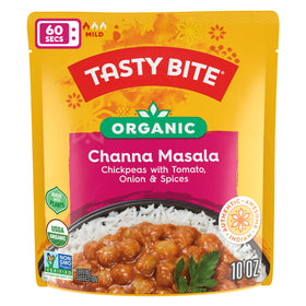 TASTY BITE Microwave-ready Channa Masala offers a fast vegan meal option.