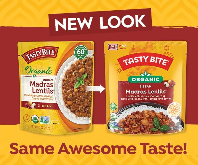Tasty Bite Organic 3 Bean Madras Lentils microwave-ready; convenient 60-second heat for busy days