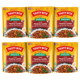 Tasty Bite Organic 3 Bean Madras Lentils pack front; quick heat and ready meal