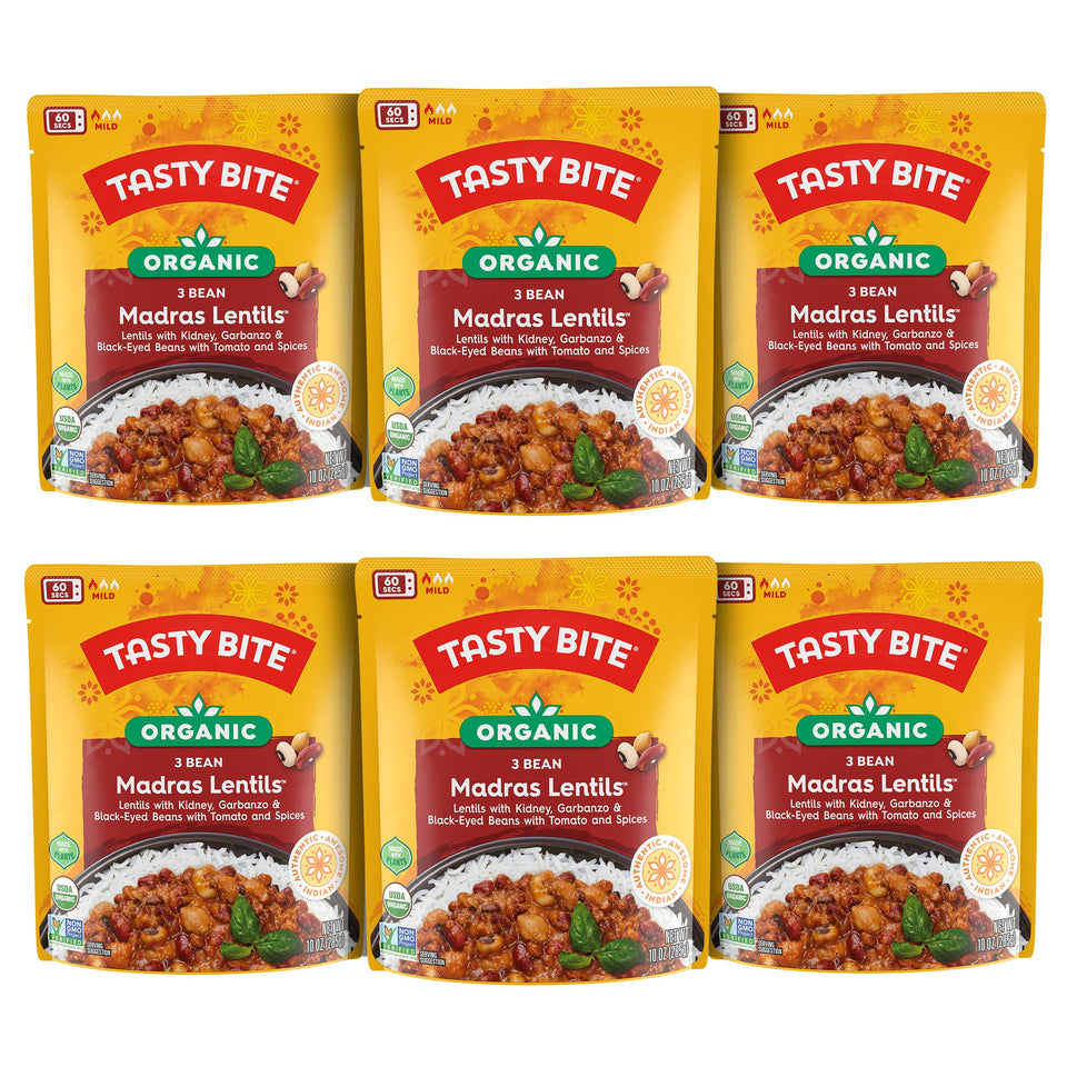 Tasty Bite Organic 3 Bean Madras Lentils pack front; quick heat and ready meal