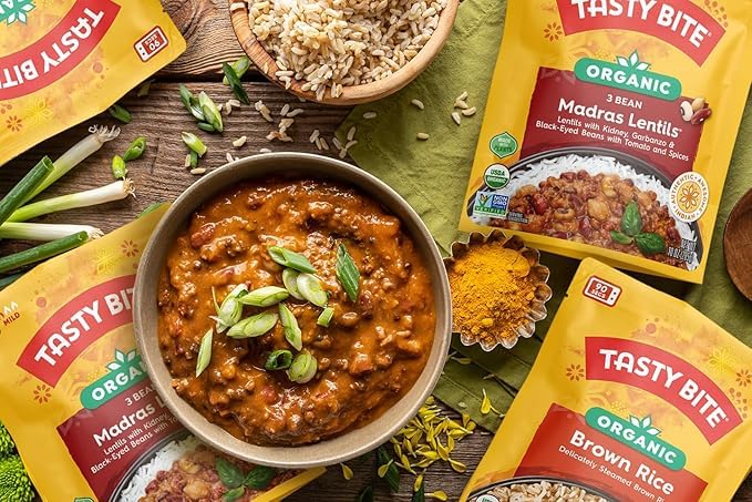 Tasty Bite Organic 3 Bean Madras Lentils served in bowl; ready-to-eat vegan entrée