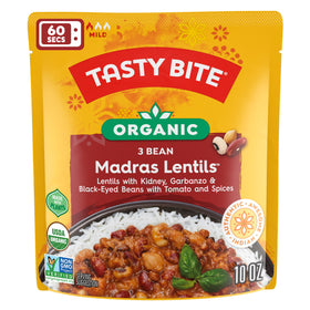 Tasty Bite Organic 3 Bean Madras Lentils spice mix close-up; rich flavors you can smell
