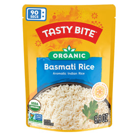 Tasty Bite Organic Basmati Rice grains closeup reveals long, fragrant basmati texture.