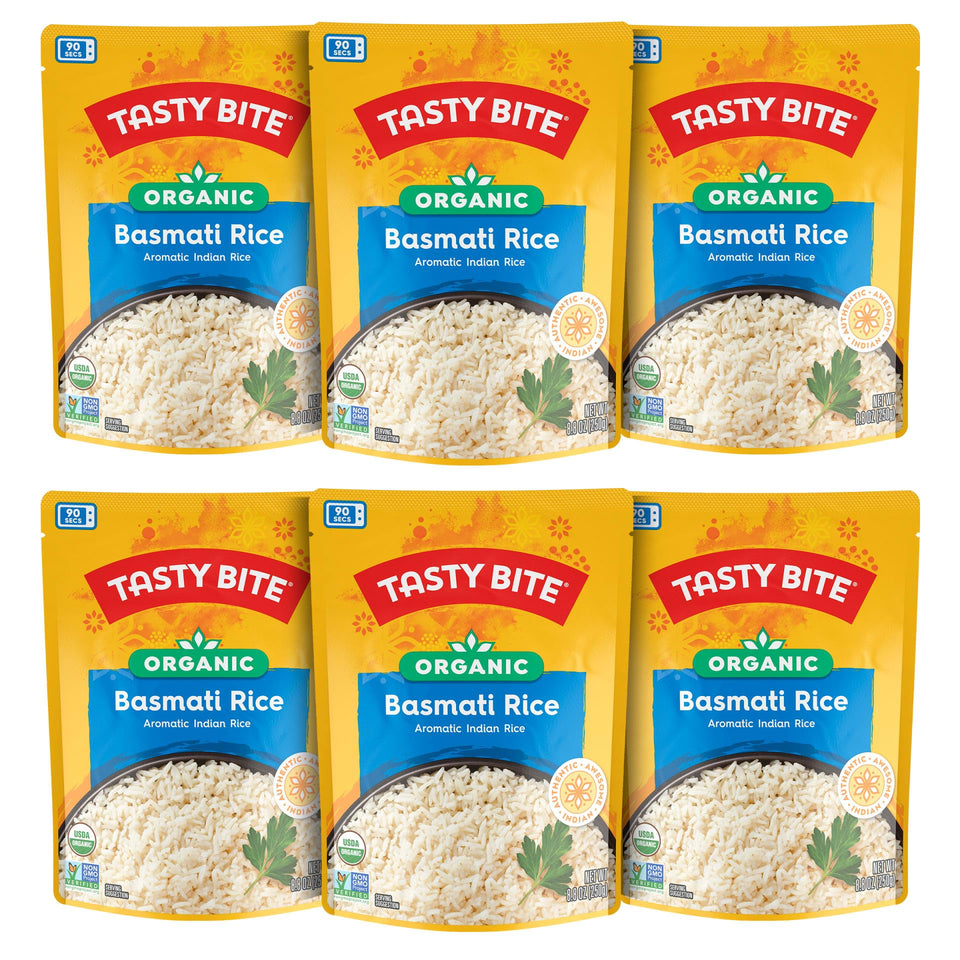 Tasty Bite Organic Basmati Rice pack shown as a convenient pantry staple for quick meals.