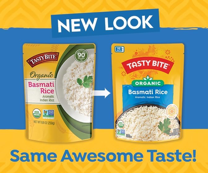 Tasty Bite Organic Basmati Rice vegan gluten-free label signals a plant-based, allergen-friendly option.