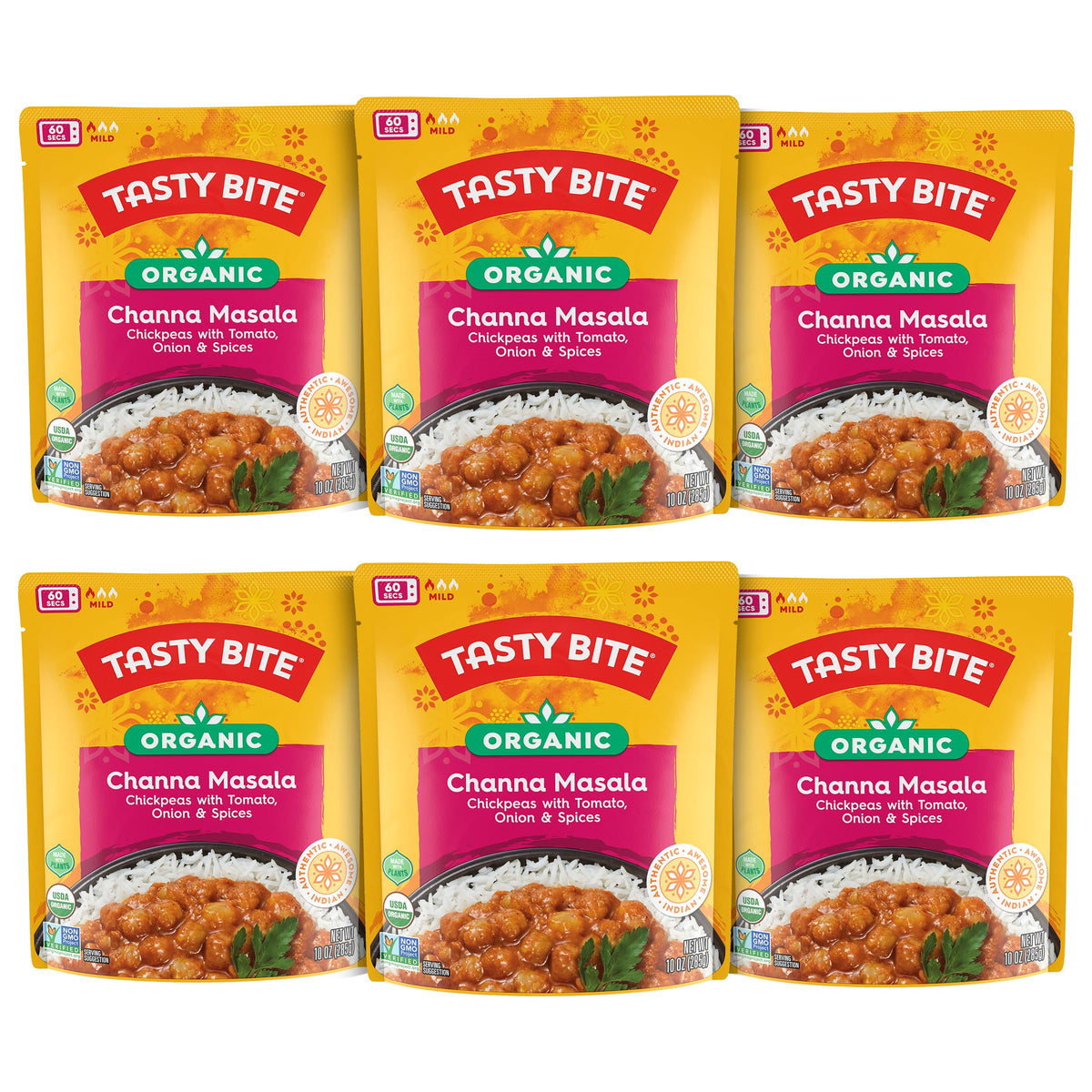 TASTY BITE Organic Channa Masala packaging shown, convenient six-pack for quick meals.