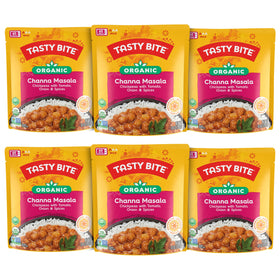 TASTY BITE Organic Channa Masala packaging shown, convenient six-pack for quick meals.