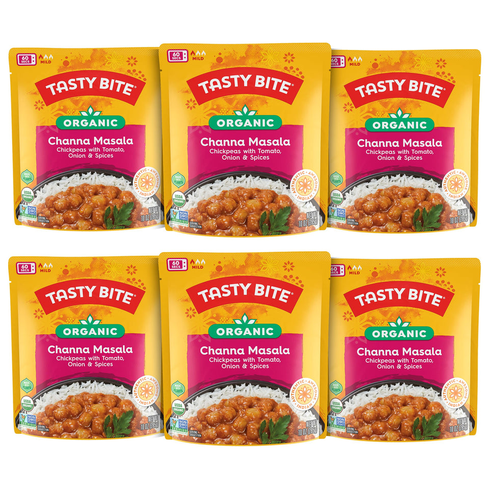 TASTY BITE Organic Channa Masala packaging shown, convenient six-pack for quick meals.