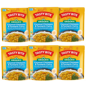 Tasty Bite organic chickpea coconut curry pack shot showing a 6-pack for quick meals