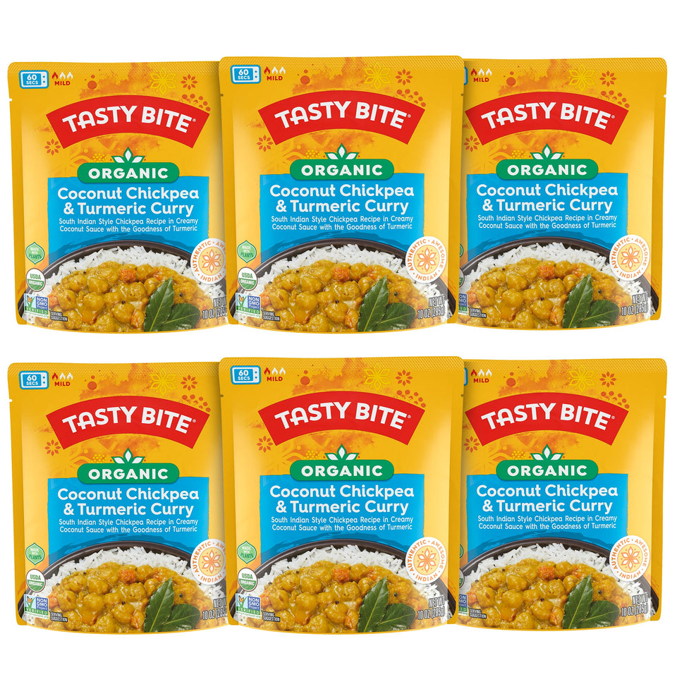 Tasty Bite organic chickpea coconut curry pack shot showing a 6-pack for quick meals