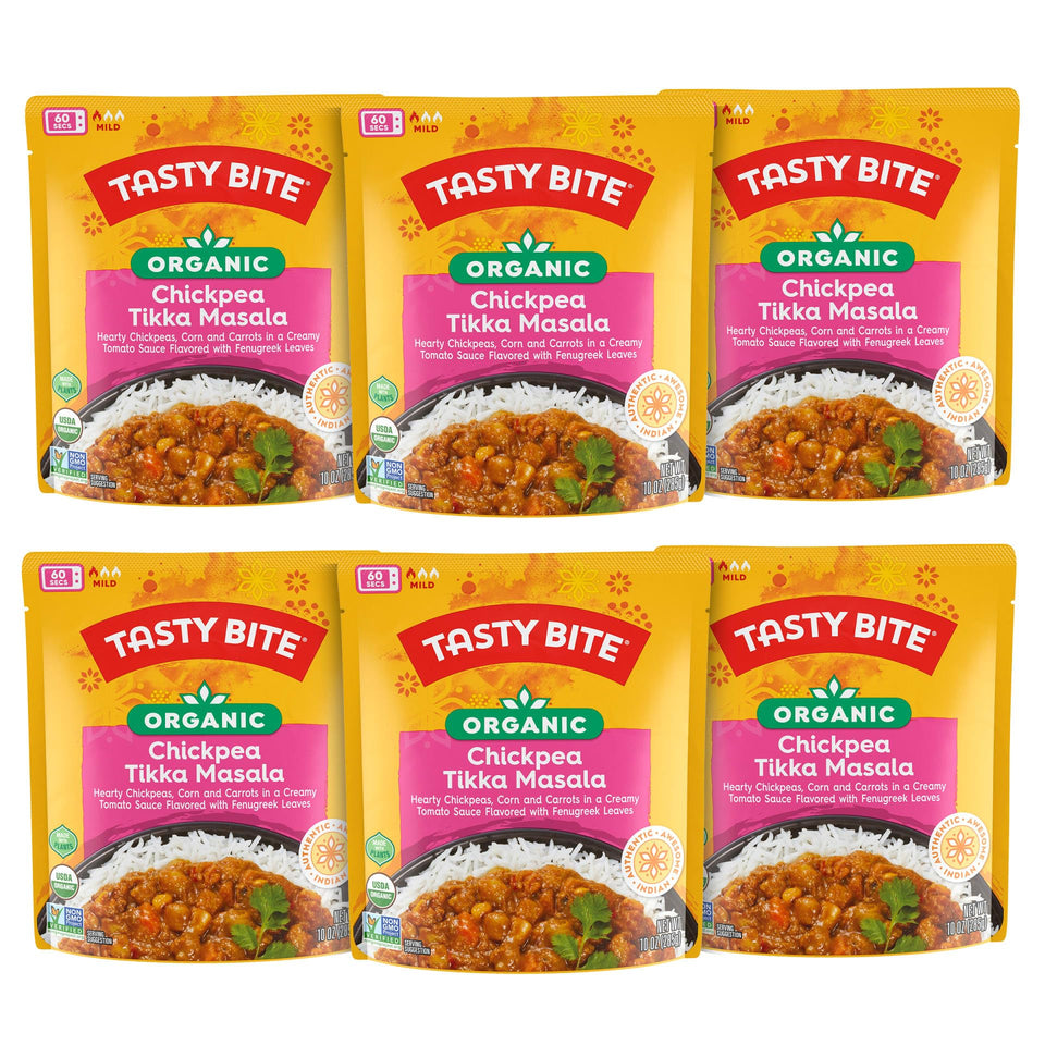 TASTY BITE organic chickpea tikka masala pack six, microwave-ready tray for quick meals.