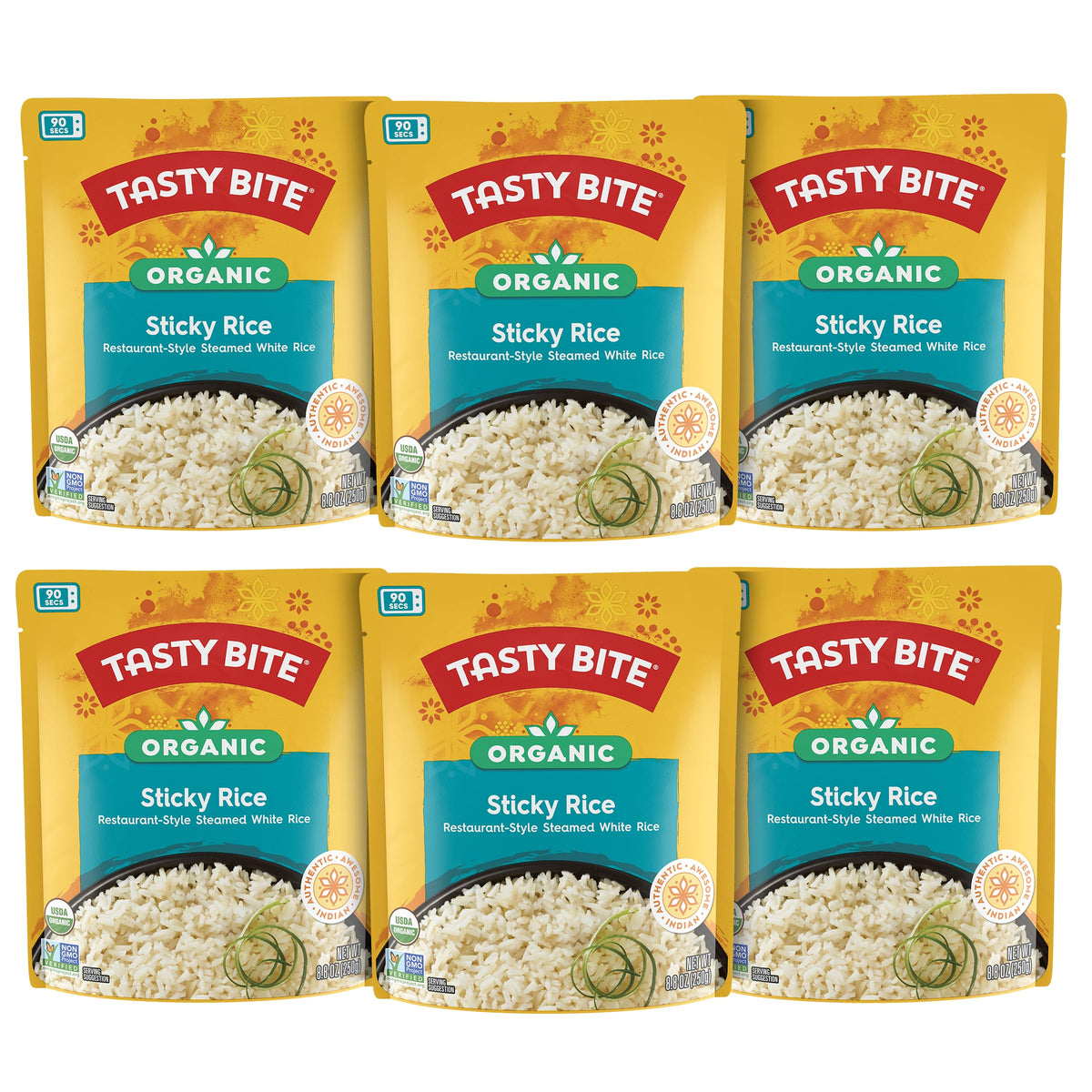 Tasty Bite Organic Sticky Rice six-pack front view for easy heat-and-serve meals