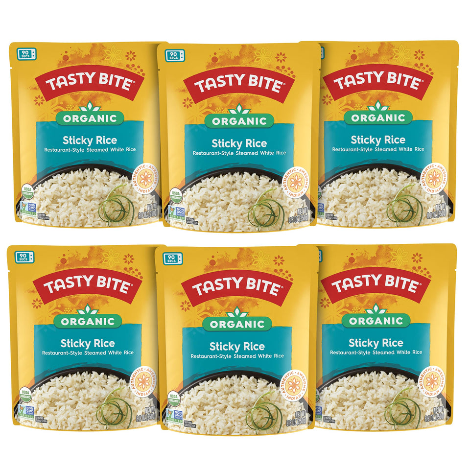 Tasty Bite Organic Sticky Rice six-pack front view for easy heat-and-serve meals