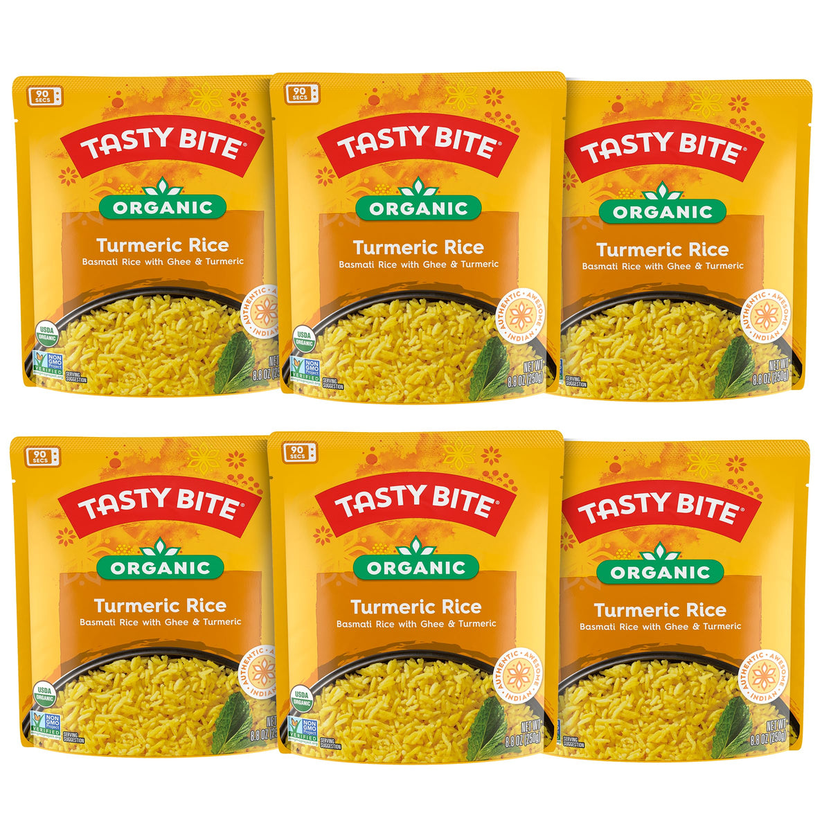 Tasty Bite Organic Turmeric Rice box front, a quick, flavorful side for busy meals.